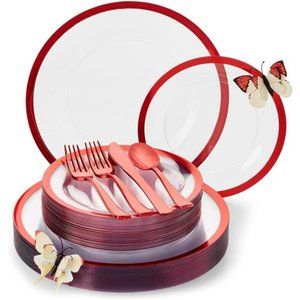 Heavyweight Red Plastic Plate Set|150PCS for 25Guests|Clear Plates with Red Trim